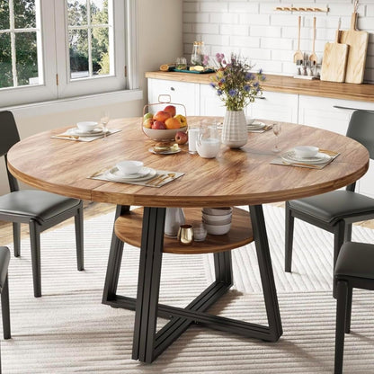 GarveeHome 47 Inch Round Dining Table for 4-6, Farmhouse Pedestal Kitchen Table with Storage Shelf, Space-Saving Circle, for Kitchen, Dining Room, Living Room, Apartment, Table Only- Retro