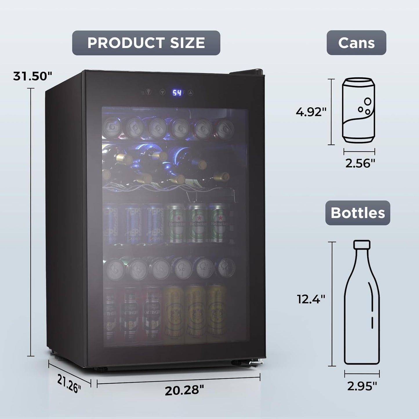 COWSAR Beverage Refrigerator, 145 Can Mini Fridge Glass Door for Soda Beer, ETL Approved Stainless Steel Wine Fridge with Temperature Display, LED Light for Home, Office, Bar, 4.5 cu.ft