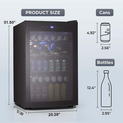 COWSAR Beverage Refrigerator, 145 Can Mini Fridge Glass Door for Soda Beer, ETL Approved Stainless Steel Wine Fridge with Temperature Display, LED Light for Home, Office, Bar, 4.5 cu.ft