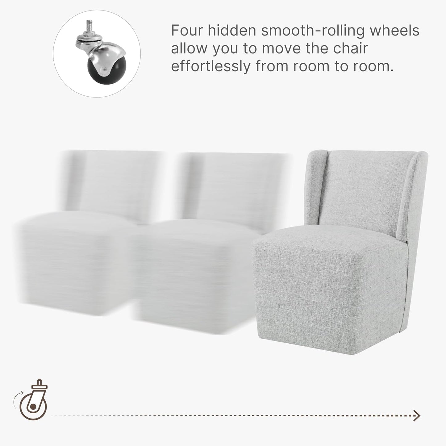 KISLOT Upholstered Dining Chairs Set of 4 with Casters, Wingback Modern Side Armless Deskchair with Rollers for Diningroom Bedroom Livingroom Reading Room, Light Grey Fabric