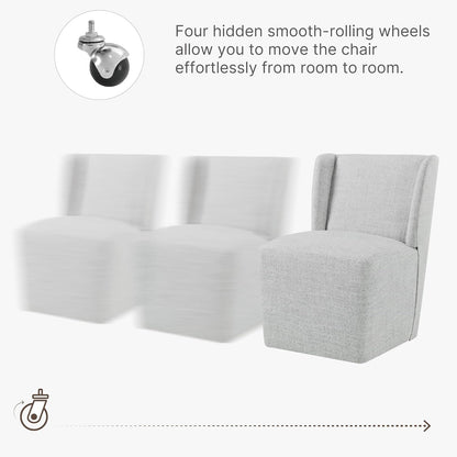 KISLOT Upholstered Dining Chairs Set of 4 with Casters, Wingback Modern Side Armless Deskchair with Rollers for Diningroom Bedroom Livingroom Reading Room, Light Grey Fabric