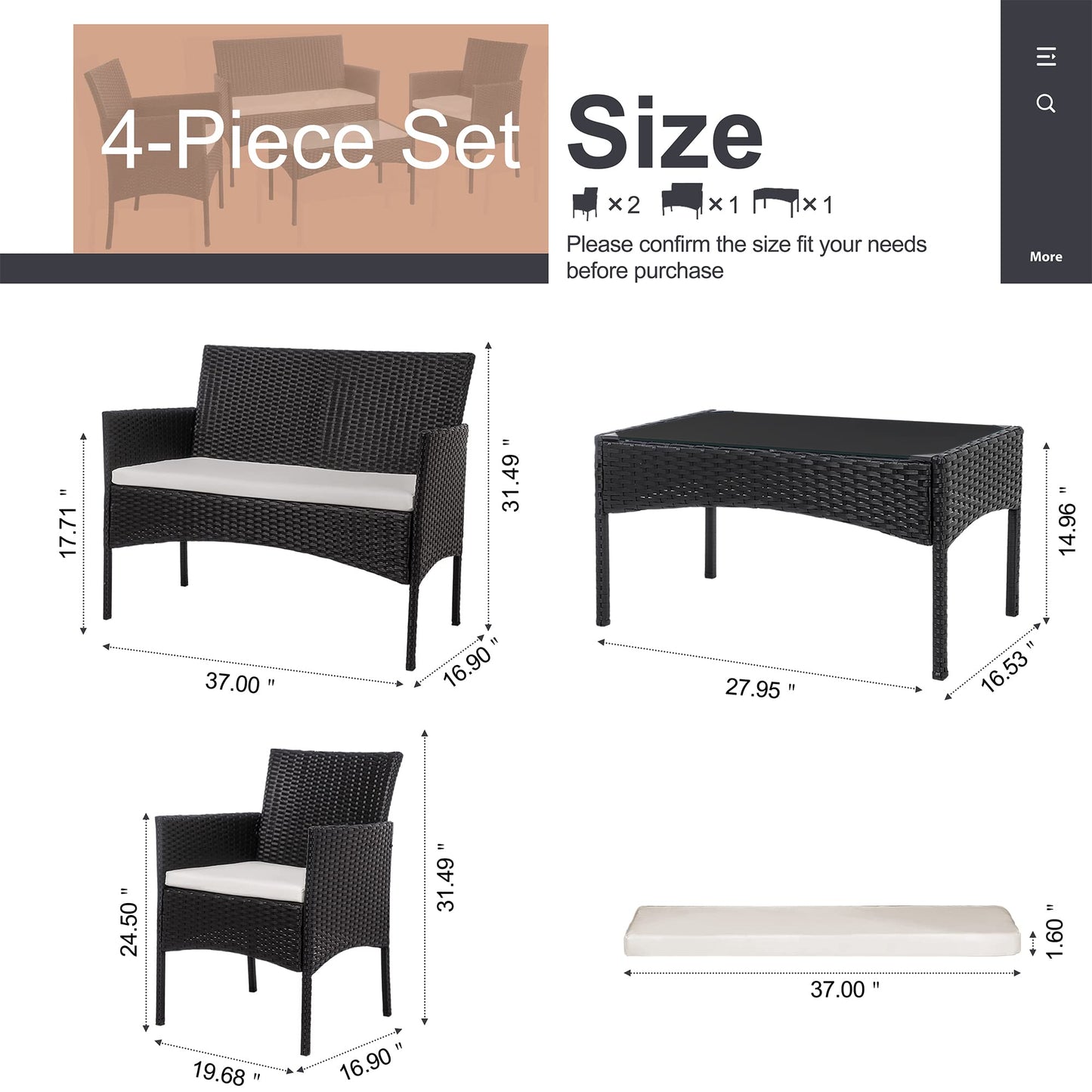 SHINTENCHI 4 Piece Wicker Patio Furniture Set with Glass Table