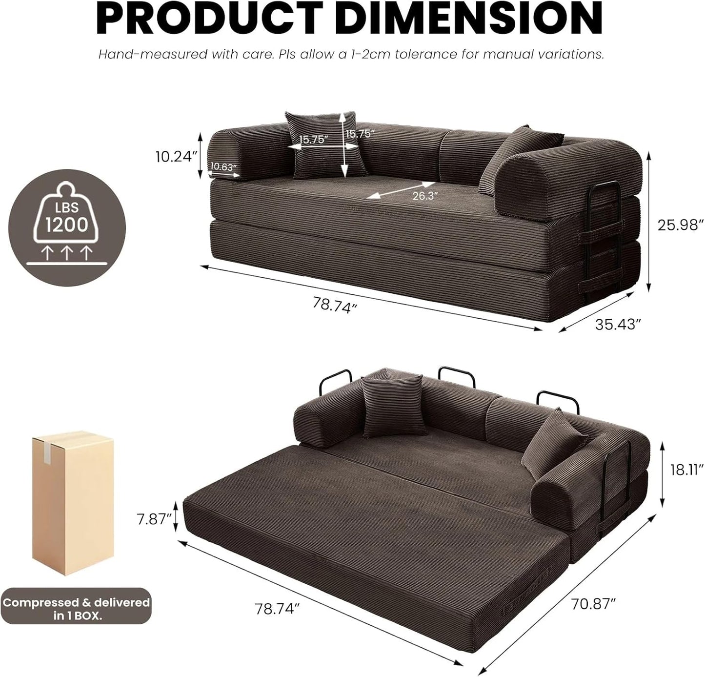 79'' Convertible Sofa Bed, Folding Sleeper Couch with Pull Out Bed, Modular Floor Couch with Cushions, Corduroy Sofa for Apartment Living Room Bedroom Guest Room Use, No Assembly (Brown)