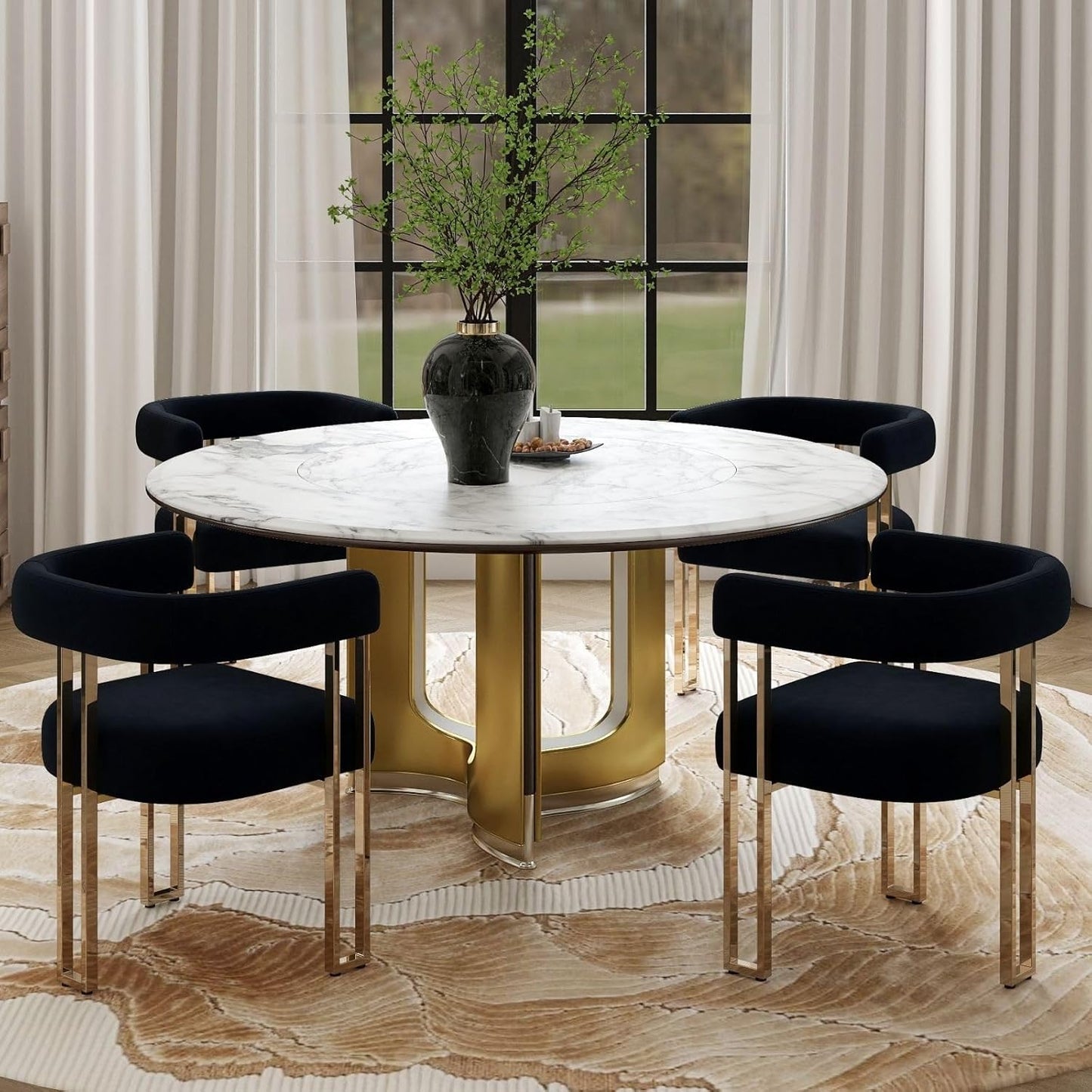 Hyfirm Set of 4 Black and Gold Modern Dining Chairs, Velvet Upholstered Barrel Armchairs with Metal Legs for Kitchen Island, Mid Century Accent Chairs for Dining Room Living Room, Open-Back