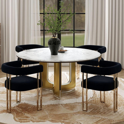 Hyfirm Set of 4 Black and Gold Modern Dining Chairs, Velvet Upholstered Barrel Armchairs with Metal Legs for Kitchen Island, Mid Century Accent Chairs for Dining Room Living Room, Open-Back