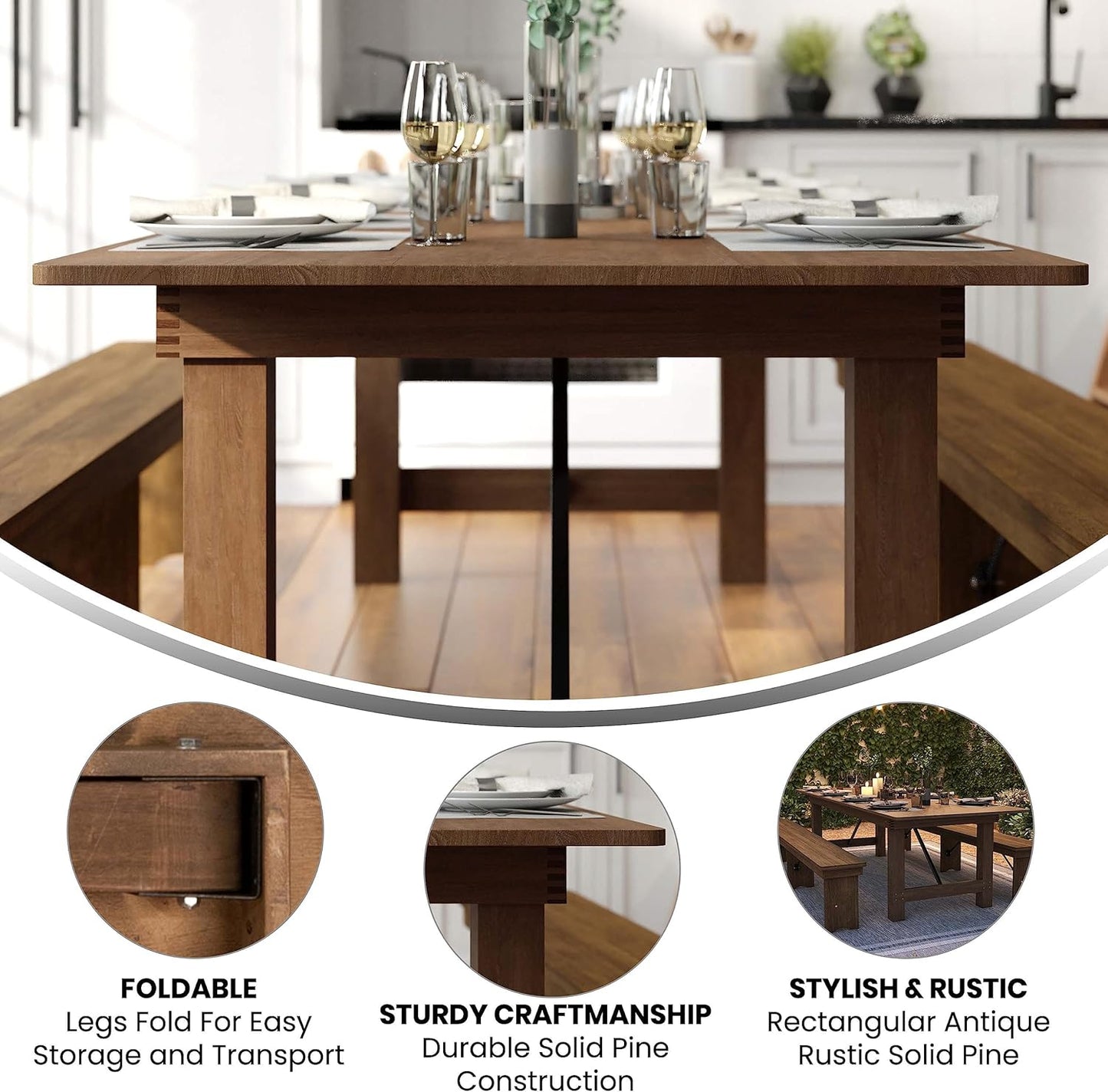 Flash Furniture Hercules Series 9' x 40" Rustic Solid Pine Folding Dining Table, Rectangular Antique Farmhouse Dining and Event Extension Table