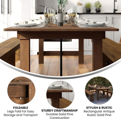 Flash Furniture Hercules Series 9' x 40" Rustic Solid Pine Folding Dining Table, Rectangular Antique Farmhouse Dining and Event Extension Table