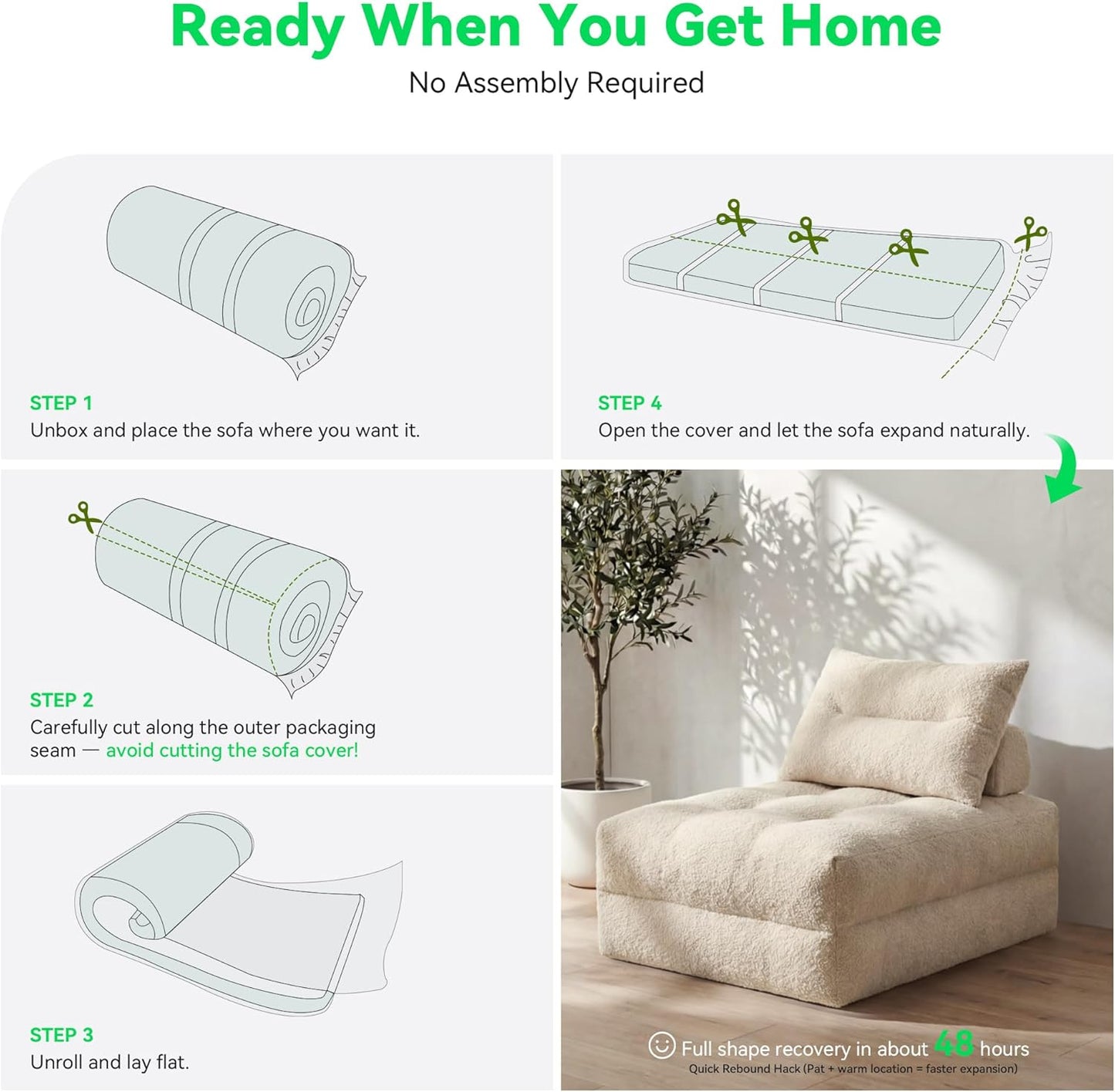 MONVANE Folding Sofa Bed, Fold Out Chair Bed with Pillow, Convertible Sleeper Chair for Living Room/Small Spaces, Foldable Lazy Sofa Bed Floor Chair, Comfy Teddy Velvet Couch Bed, Beige