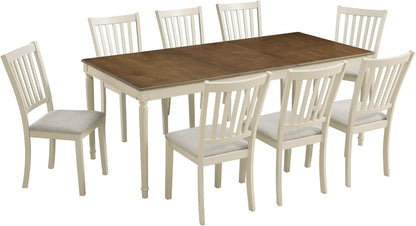 AMERLIFE 9-Piece Farmhouse Solid Wood Dining Table Set with 8 Upholstered Chairs, Roman Conical Legs, Seats up to 8, 79'' Dining Table & Chairs Set for Kitchen and Dining Room, Rustic Cream