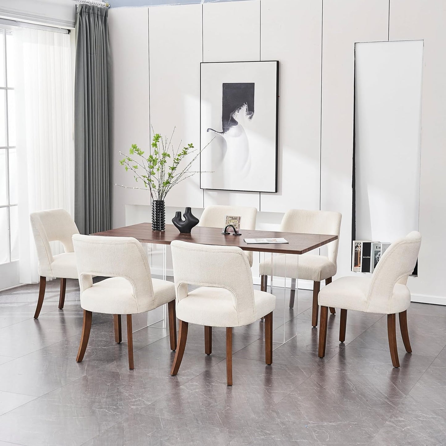 VKNOW Wooden Dining Chairs Set of 6, Modern Fabric Upholstered Dining Room Chair Kitchen Chairs, Farmhouse Dinner Chair for Kitchen Dining Room, Cream