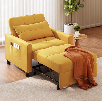 Ahomly Convertible Sleeper Chair Sofa Bed with 3-in-1 Design, Adjustable Backrest, and Storage Pocket for Living Room, Yellow
