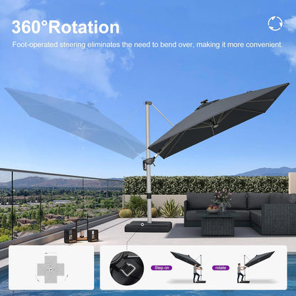 PURPLE LEAF 9' X 12' Patio Umbrella with Lights Outdoor Rectangle Cantilever Umbrella Solar Powered LED with 360-degree Rotation for Garden Deck Pool Patio, Grey