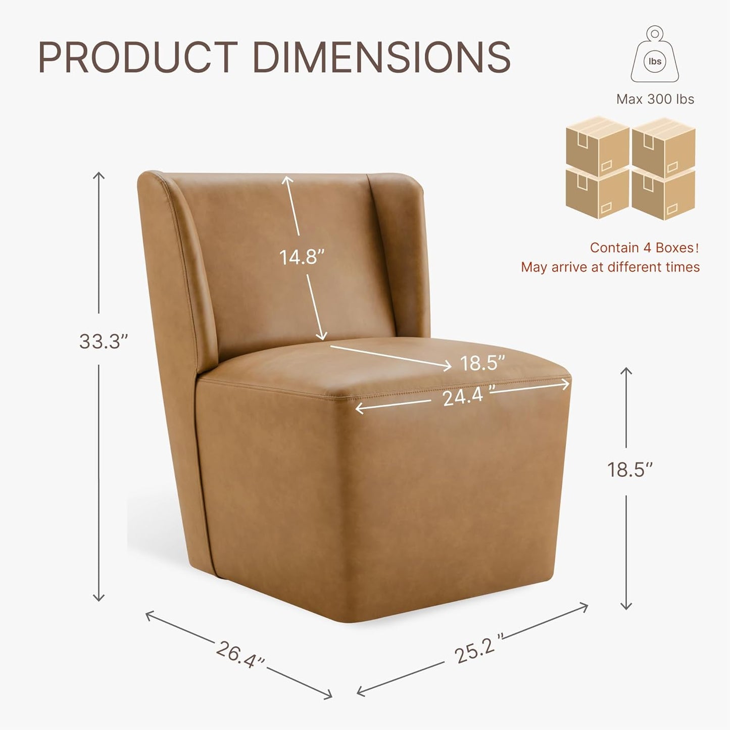 KISLOT Upholstered Dining Chairs Set of 4 with Casters, Wingback Modern Side Armless Deskchair with Rollers for Diningroom Bedroom Livingroom Reading Room, Brown Faux Leather
