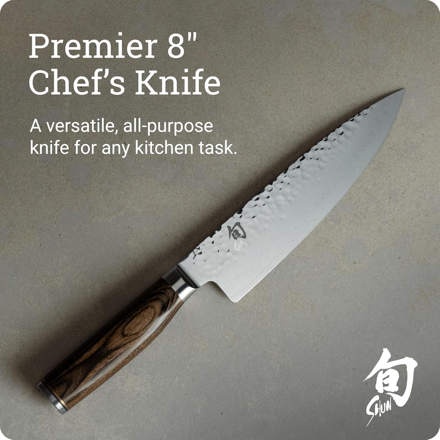 Shun Premier 8" Chef's Knife, Handcrafted Japanese Kitchen Knife for Professional and Home Chefs, VG-MAX Core with Damascus Stainless Steel Cladding, Pakkawood Handle
