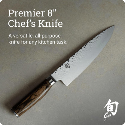 Shun Premier 8" Chef's Knife, Handcrafted Japanese Kitchen Knife for Professional and Home Chefs, VG-MAX Core with Damascus Stainless Steel Cladding, Pakkawood Handle