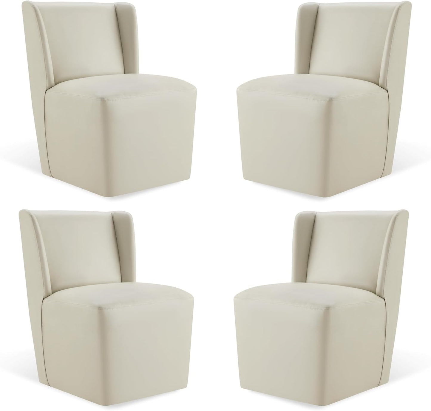 KISLOT Upholstered Dining Chairs Set of 4 with Casters, Wingback Modern Side Armless Deskchair with Rollers for Diningroom Bedroom Livingroom Reading Room, Cream Faux Leather