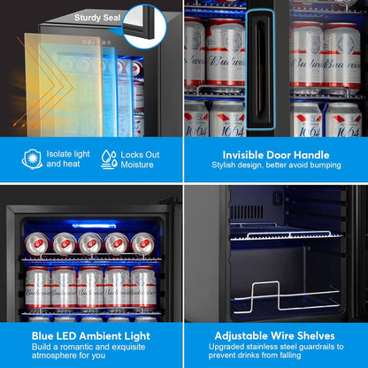 FoMup Beverage Refrigerator 17 inch Wide - 126 Can Beverage Cooler with Glass Door | Counter-Top/Freestanding Mini Beverage Beer Fridge | Temperature Memory | Invisible Door | Perfect for Soda, Beer