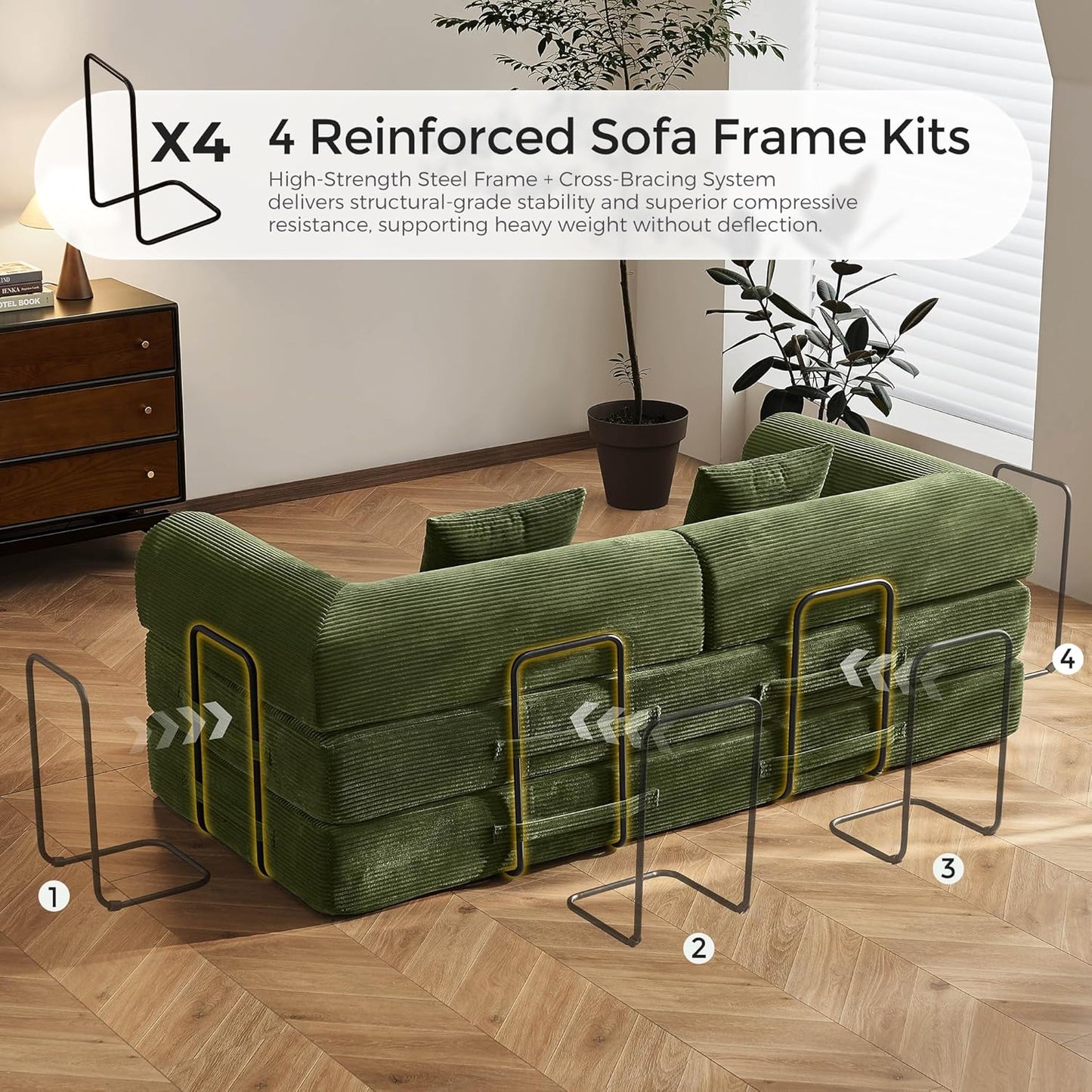 79" Convertible Sofa Bed with Fixed-Shape Frame & Removable Armrests, Modular Corduroy Sleeper Sofa, Folding Mattress Couch for Small Spaces - No Assembly Needed in Green (Includes 2 Pillows)