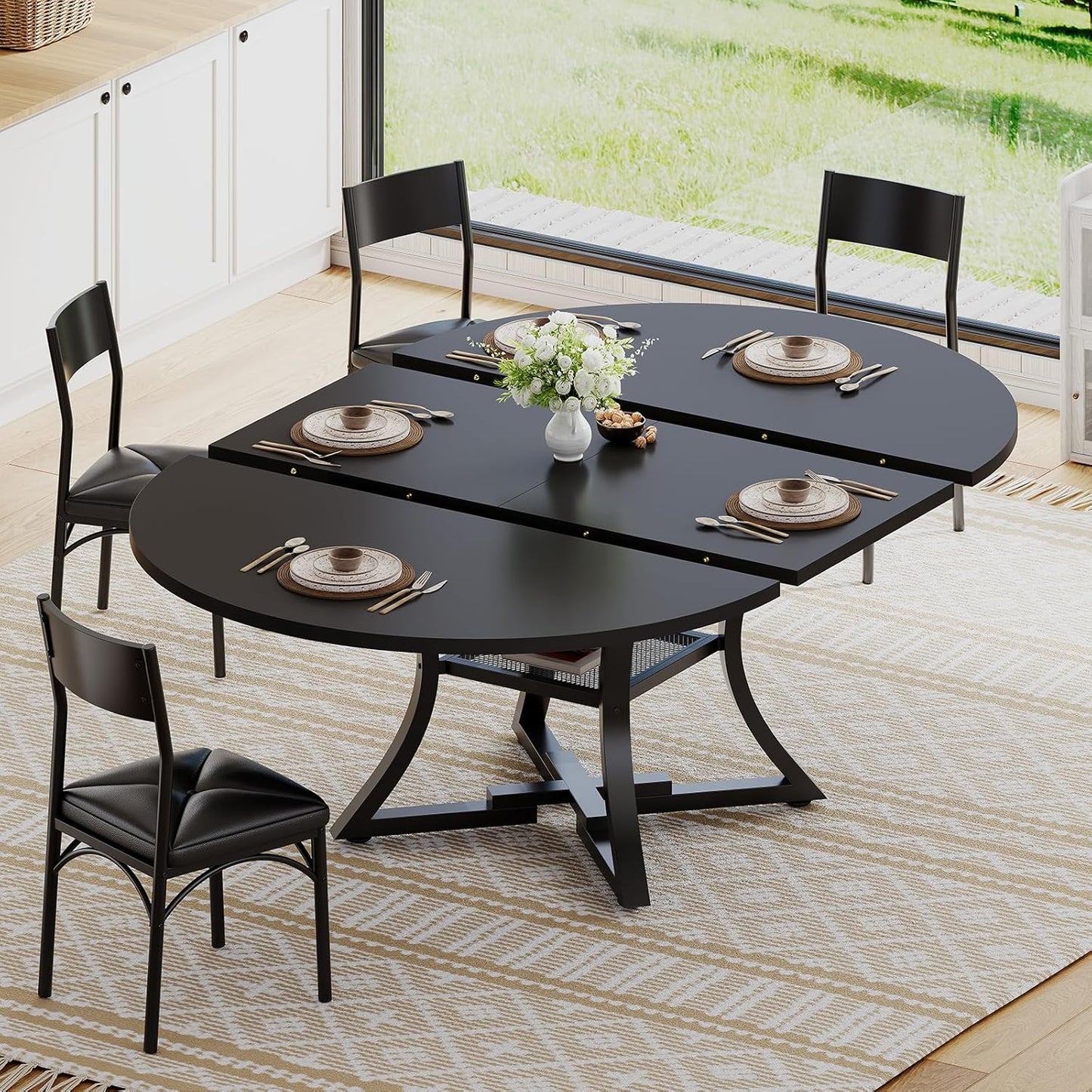Itaar Round Extendable Dining Table Set for 4-6 People, 5-Piece Kitchen Table Set with 4 Cushion Chairs, Dining Room Table for 6 with MDF Board & Metal Frame for Small Space, Easy Clean, Black