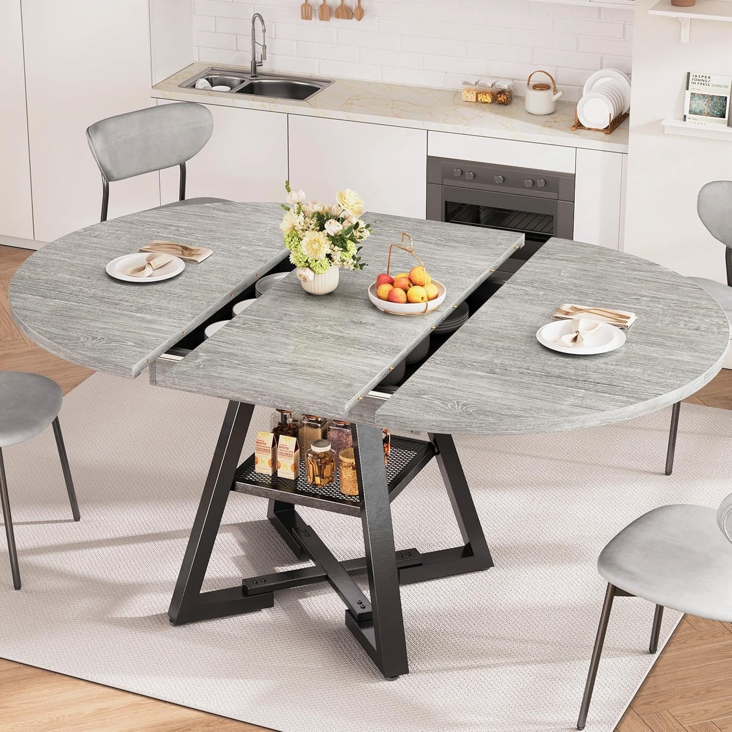 43''-57'' Extendable Round Dining Table for 4-6, Modern Industrial Kitchen Oval Dining Table with Removable Leaves, Space Saving Pedestal Base with Storage Shelf for Kitchen Living Room (Grey)