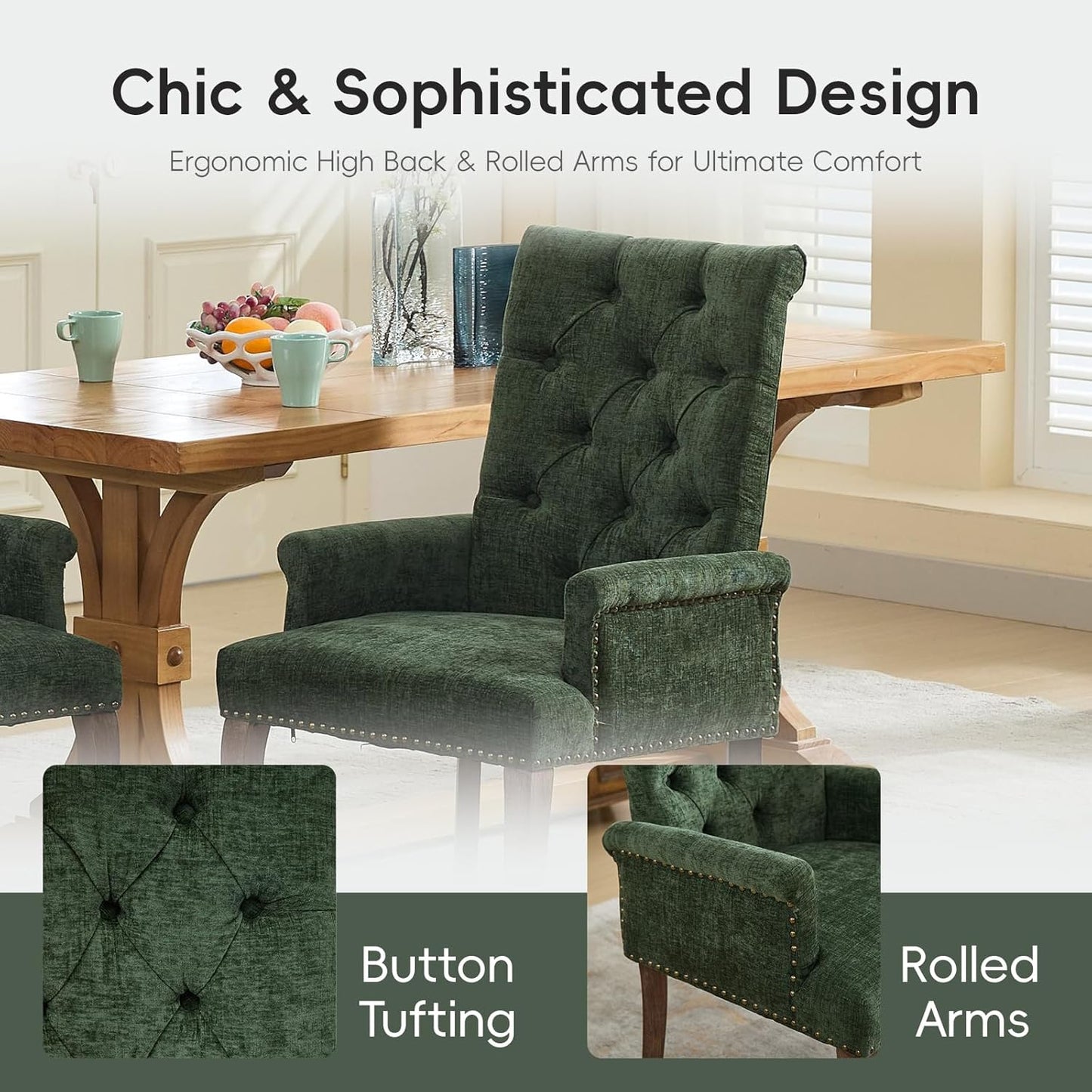 Upholstered Tufted Chenille Dining Chairs with Arms & Nailhead Trim – Solid Wood Frame & Legs, Modern Farmhouse for Dining, Kitchen & Living Room (Set of 6, Olive Green)