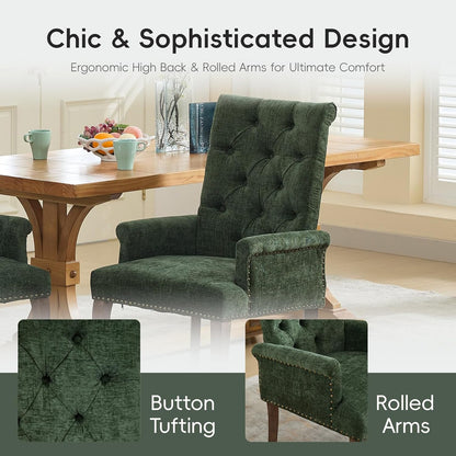 Upholstered Tufted Chenille Dining Chairs with Arms & Nailhead Trim – Solid Wood Frame & Legs, Modern Farmhouse for Dining, Kitchen & Living Room (Set of 6, Olive Green)