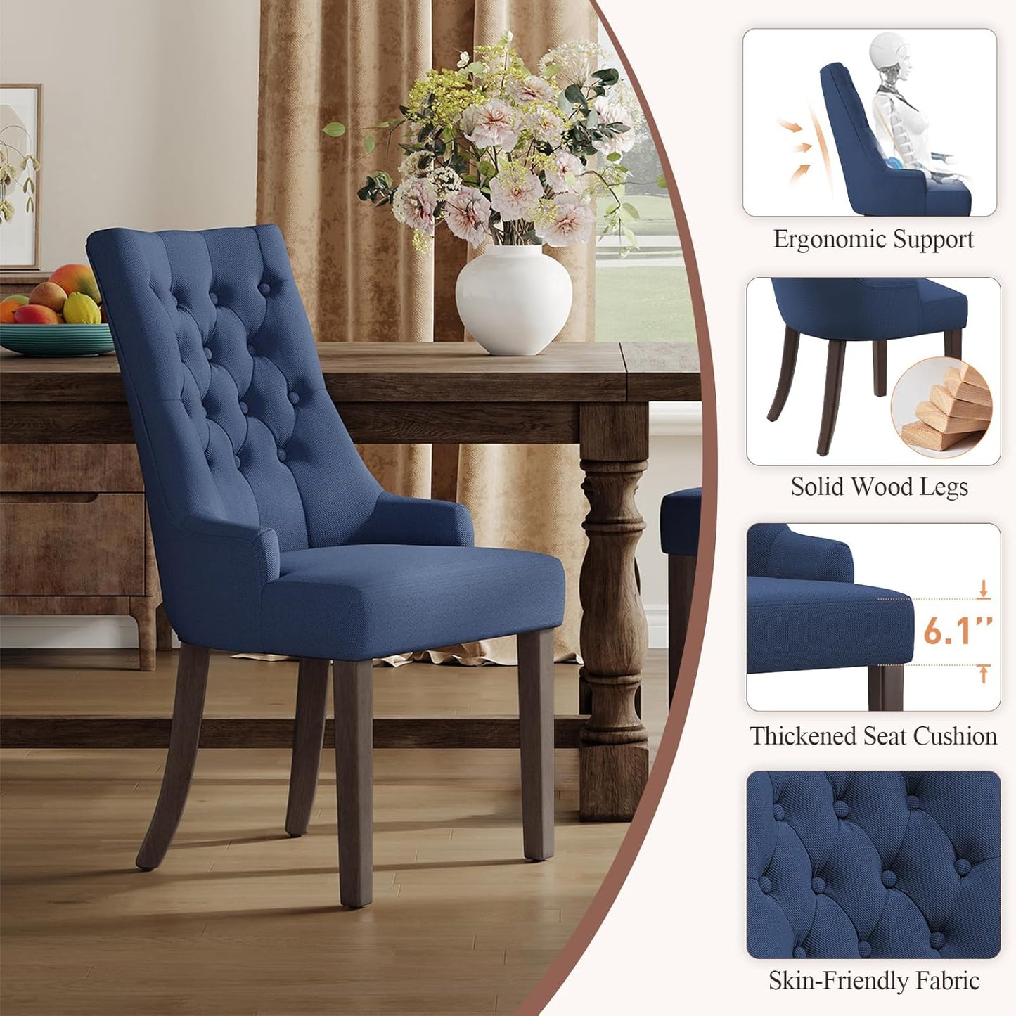 COLAMY Wingback Upholstered Side Dining Room Chairs Set of 6, Fabric Dining Chairs with Tufted Button, Living Room Chairs for Home Kitchen, Blue