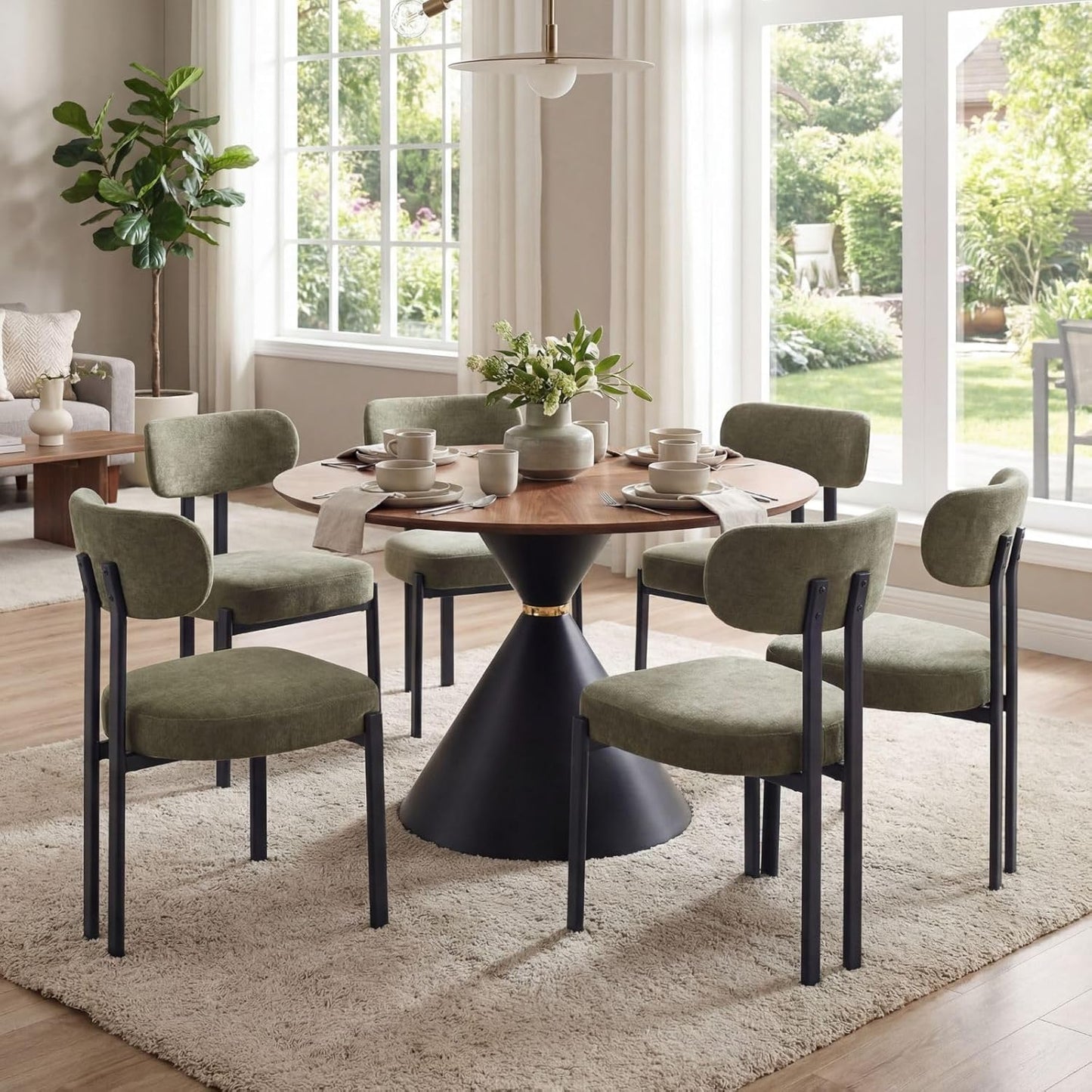 LukeAlon Chenille Dining Chairs Set of 6, Modern Upholstered Armless Kitchen Chairs with Black Metal Legs Curved Back Dining Room Chairs Reception Chair for Living Room Office, Green