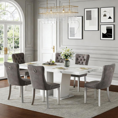 Henf 7 Pieces Faux Marble Dining Table Set for 6, 63"-79" Extendable Dining Room Table and 6 Grey Tufted Chairs Set for 6, Modern Large Expandable Kitchen Table with White Double Columns Base