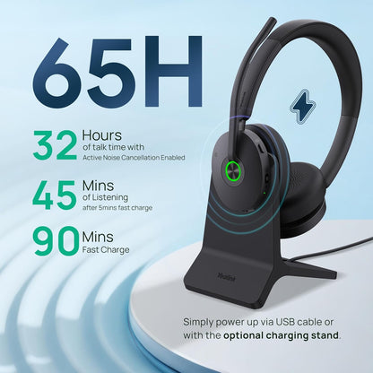 Yealink BH74 ANC Bluetooth Headset with Microphone for Hybrid Work, Microsoft Teams Premium Open Ofﬁce Certified Headsets with 6-mics Active Noise Cancellation, Zoom Certified, 65H, Charging Stand