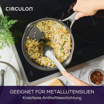 Circulon Scratch Defense Saucepan Set - Induction Saucepan Set Non Stick with Lids, 14cm, 16cm & 18cm Dishwasher & Oven Safe Cookware with Straining Lids & Pourings Rims, Graphite Pewter Finish
