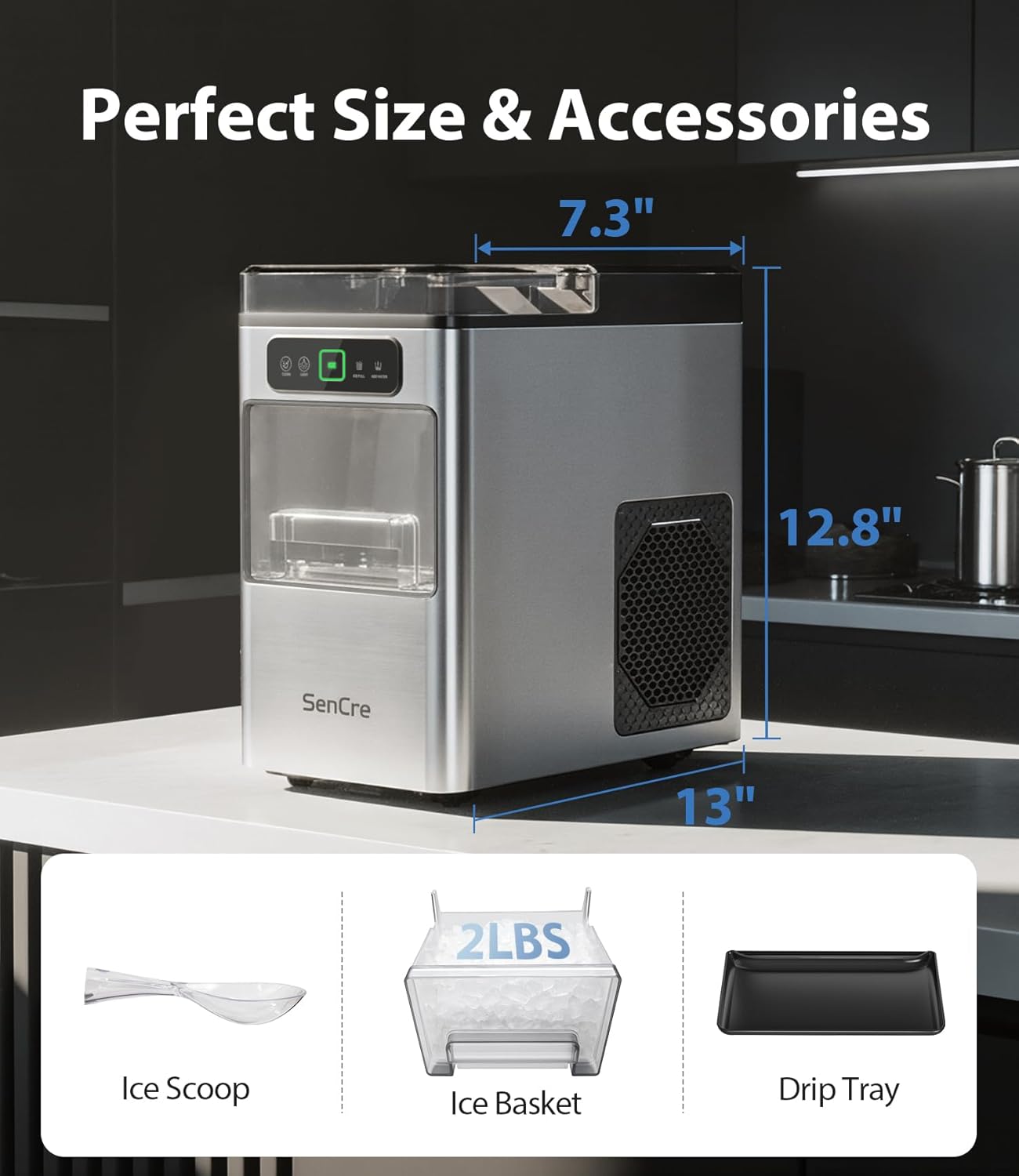 Nugget Ice Maker 40lbs/Day, Countertop Ice Maker Soft Chewable Ice, Ice Makers One-Click & Self-Cleaning, Crushed Pellet Ice Machine with Scoop&Basket for Home/Kitchen/Office, Stainless Silver