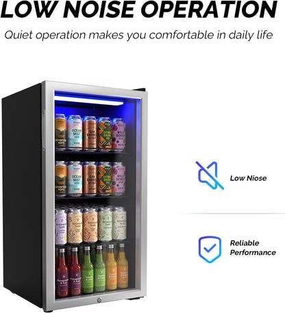 Bonnlo 3.3 Cu.Ft Beverage Refrigerator Cooler with Glass Door & Safety Lock, Quiet Mini Drink Fridge with Adjustable Shelf & Feet, Small Wine Cooler for Bedroom, Bar & Office, 32-50°F, 115V