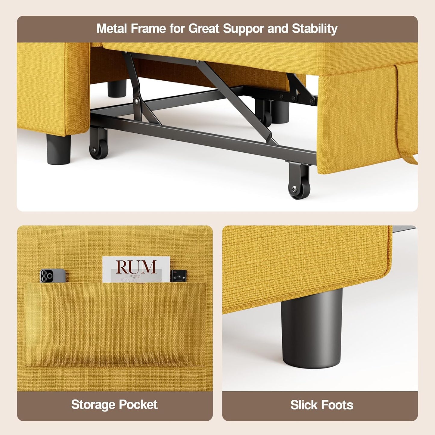 Ahomly Convertible Sleeper Chair Sofa Bed with 3-in-1 Design, Adjustable Backrest, and Storage Pocket for Living Room, Yellow