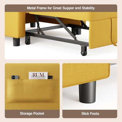 Ahomly Convertible Sleeper Chair Sofa Bed with 3-in-1 Design, Adjustable Backrest, and Storage Pocket for Living Room, Yellow