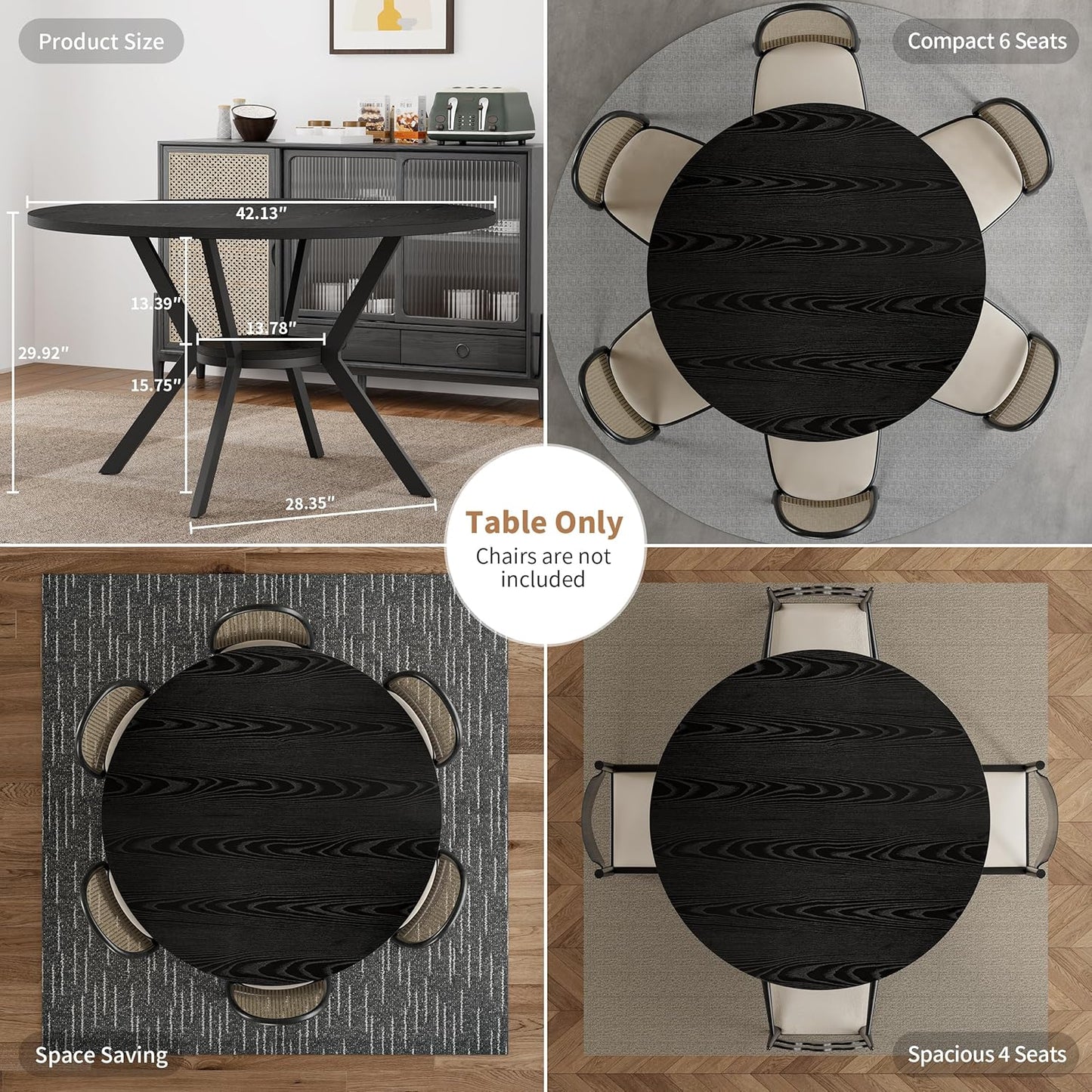 Black Dining Table for 2-4, 42 Inch Round Kitchen Table with Storage, Wooden Circle Dinner Table with Metal Legs, Rustic Mid Century Modern Dining Room Tables for Kitchen, Living Room, Dining Room