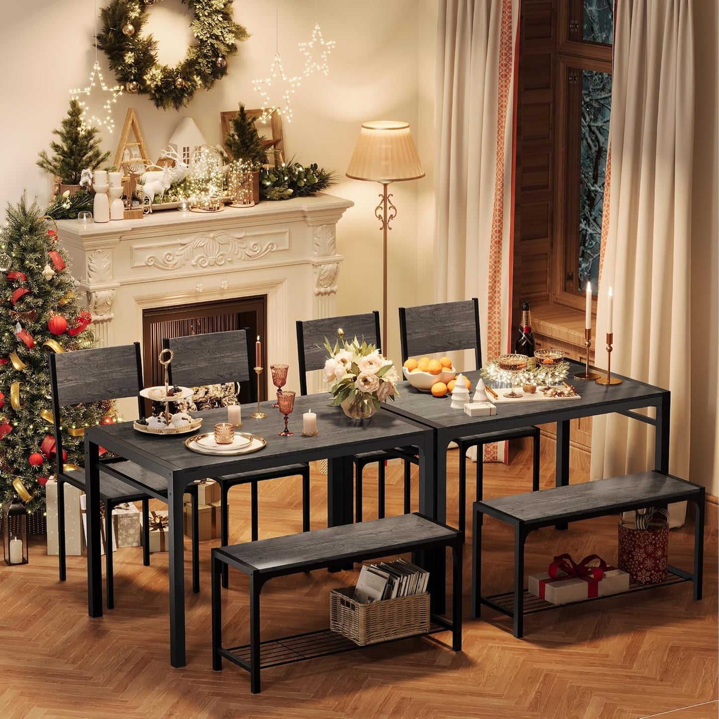 Shahoo Kitchen Table and 2 Chairs for 4 with Bench, 4 Piece Dining Sets for Small Space, Dark Grey
