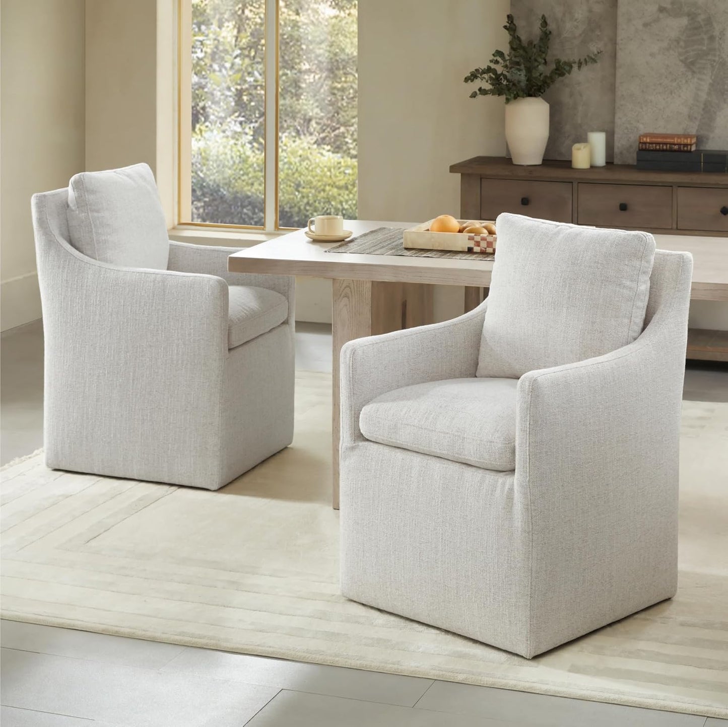 KISLOT Upholstered Dining Chairs with Casters, No Assembly Modern Accent Armchair with Rollers for Dining Room, Bedroom, Living Room, Reading Room, Already Assembled, Linen, 2 Box