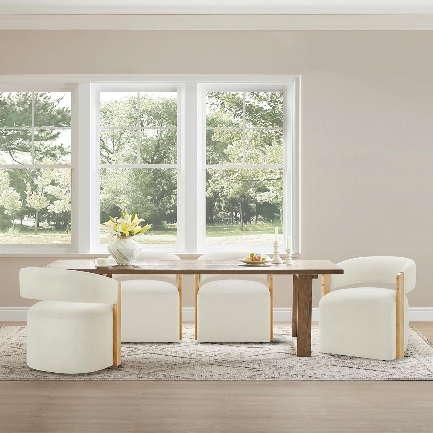 KISLOT Upholstered Dining Chairs with Casters, Modern Barrel Side Armchair with Rollers & Wooden Armrest for Dining Room, Bedroom, Kitchen, Reading Room, Beige, Set of 4