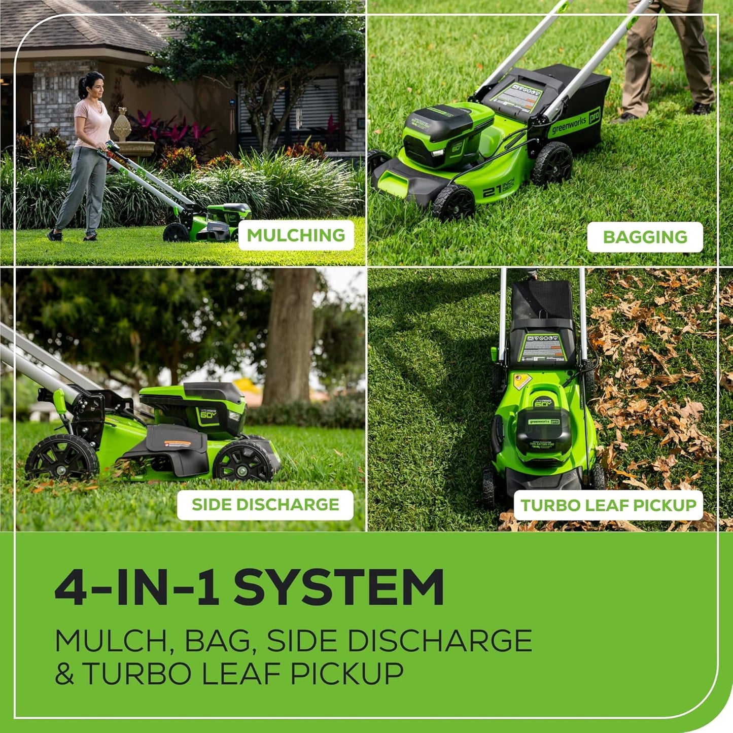 Greenworks 60V 21" Brushless (Push) Cordless Lawn Mower, 5.0Ah Battery (1/2 Acre, Rapid Charger, 4-in-1, LED Lights, IPX4)