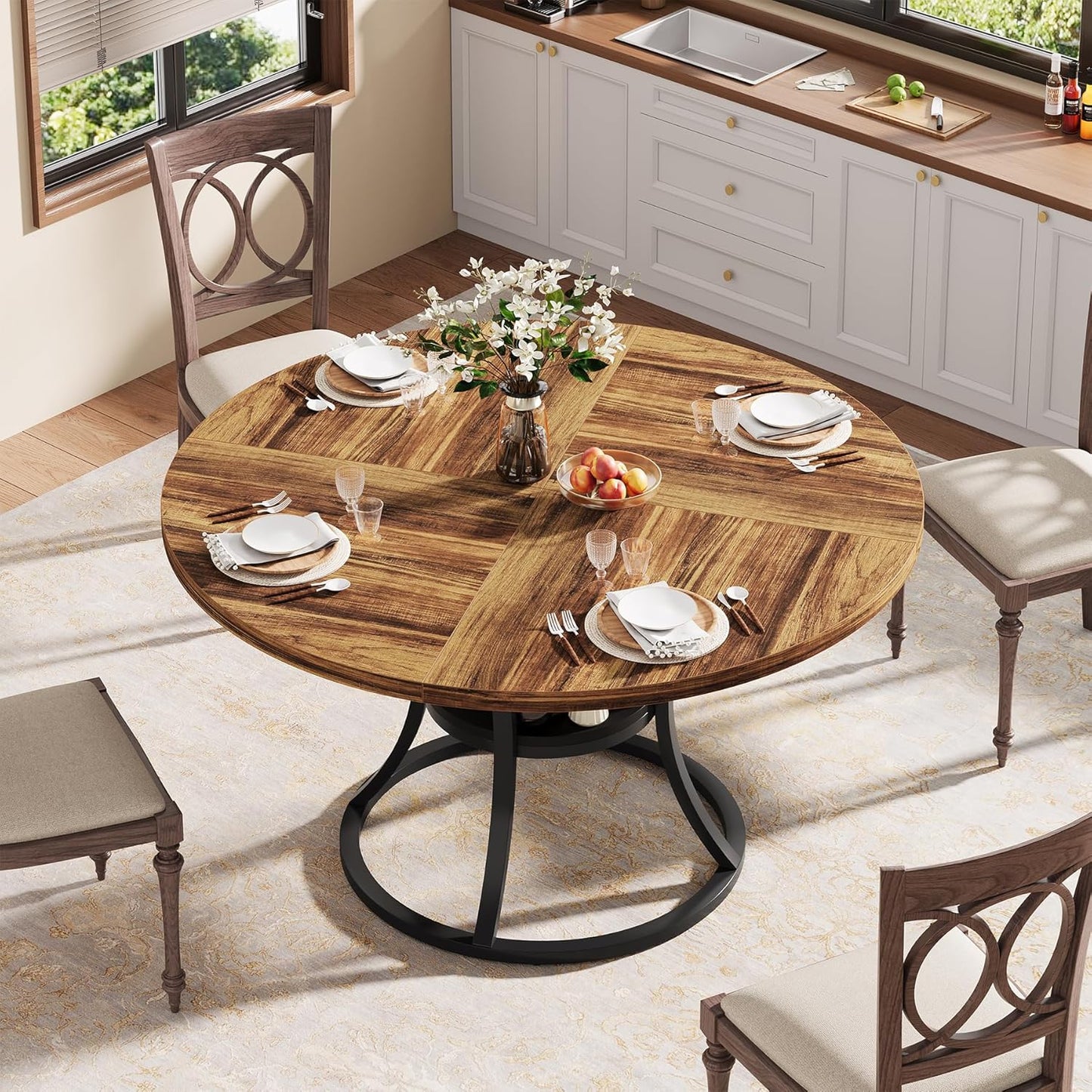 47'' Round Dining Table for 4-6, Farmhouse Dining Room Table with Storage Shelf, Space-Saving Kitchen Table with Metal Base for Kitchen & Dining Room, Table Only (Brown & Black)