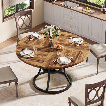 47'' Round Dining Table for 4-6, Farmhouse Dining Room Table with Storage Shelf, Space-Saving Kitchen Table with Metal Base for Kitchen & Dining Room, Table Only (Brown & Black)
