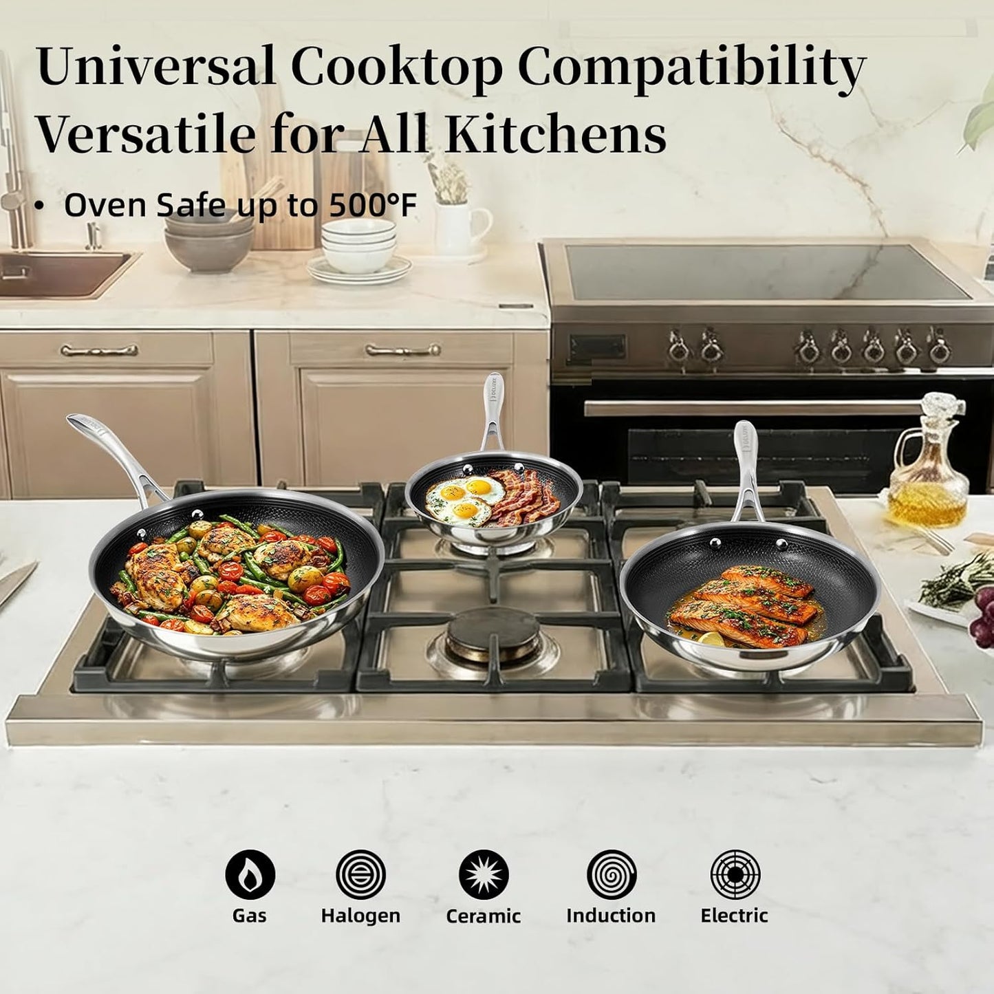 DELUXE Hybrid Ceramic Nonstick 5-PC Fry Pan Set,8,10,12 Inch Frying Pans with Tempered Glass Lid,Stay-Cool Handle, Dishwasher Safe, Works on All Stovetops Induction for Home Daily Cooking (Black)