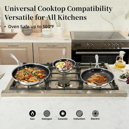 DELUXE Hybrid Ceramic Nonstick 5-PC Fry Pan Set,8,10,12 Inch Frying Pans with Tempered Glass Lid,Stay-Cool Handle, Dishwasher Safe, Works on All Stovetops Induction for Home Daily Cooking (Black)