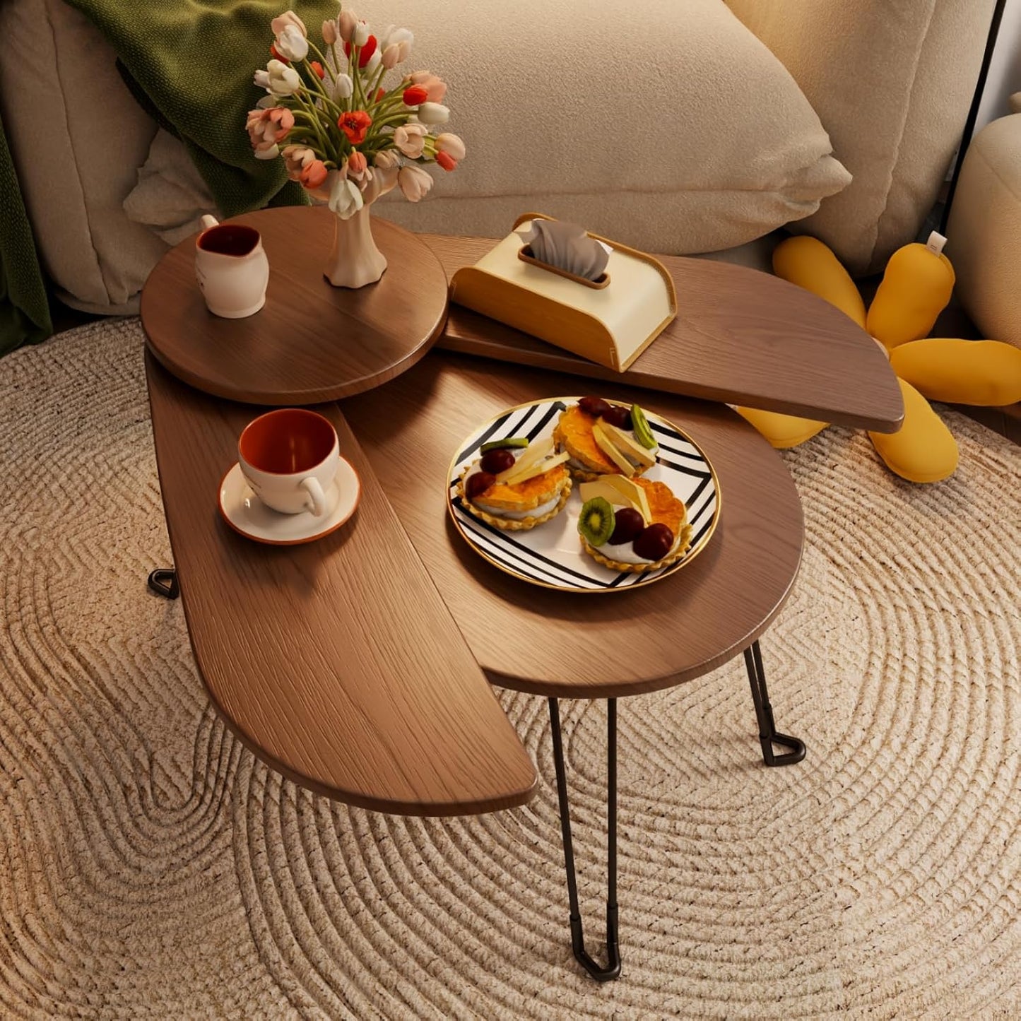 Muwuele Small Coffee Tables for Small Spaces, Solid Wood Accent Tables Living Room, Foldable Coffee Table Oval, Folding Floor Table, Low Table for Sitting on the Floor, Narrow Side Table Couch, Walnut