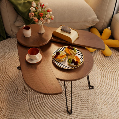 Muwuele Small Coffee Tables for Small Spaces, Solid Wood Accent Tables Living Room, Foldable Coffee Table Oval, Folding Floor Table, Low Table for Sitting on the Floor, Narrow Side Table Couch, Walnut