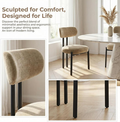 LukeAlon Chenille Dining Chairs Set of 6, Modern Curved Back Armless Kitchen Chairs with Black Metal Legs Upholstered Dining Room Chairs Reception Chairs for Living Room Office Restaurant, Khaki