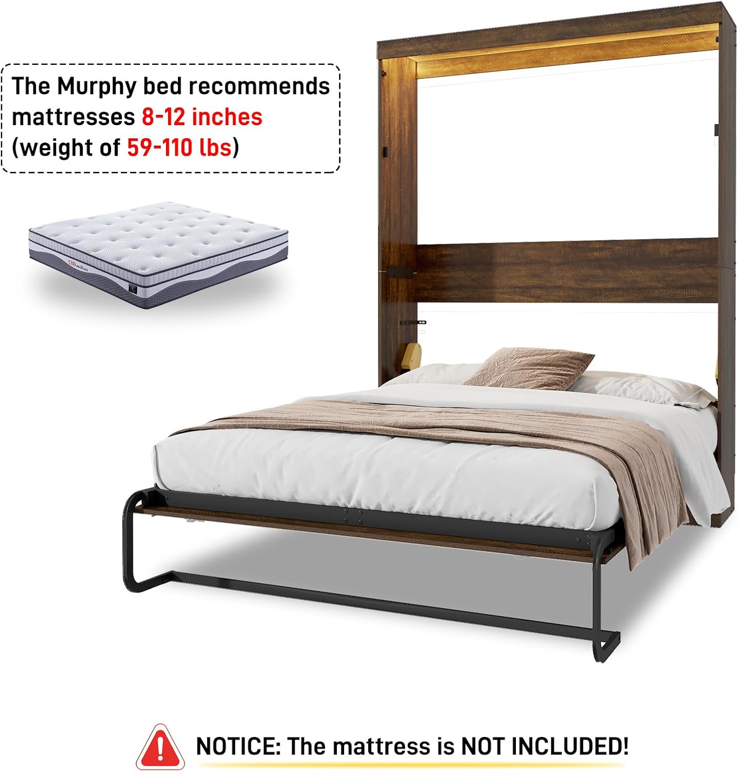 Hlivelood Queen Size Murphy Bed with 2 LED Lights, Farmhouse Wood Hidden Foldable Wall Bed Frame w/Gas Struts, Storage Bed Cabinet for Bedroom, Office, Space-Saving, No Box Spring Needed, Brown