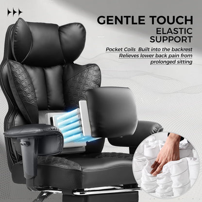 COMHOMA Big and Tall Office Chair Heavy Duty Wide Ergonomic Gaming Chair with Deluxe Embossing Designed Leather with Foot Rest,150°Reclining Adjustable Armrests Pocket Spring Back Support and Pillow
