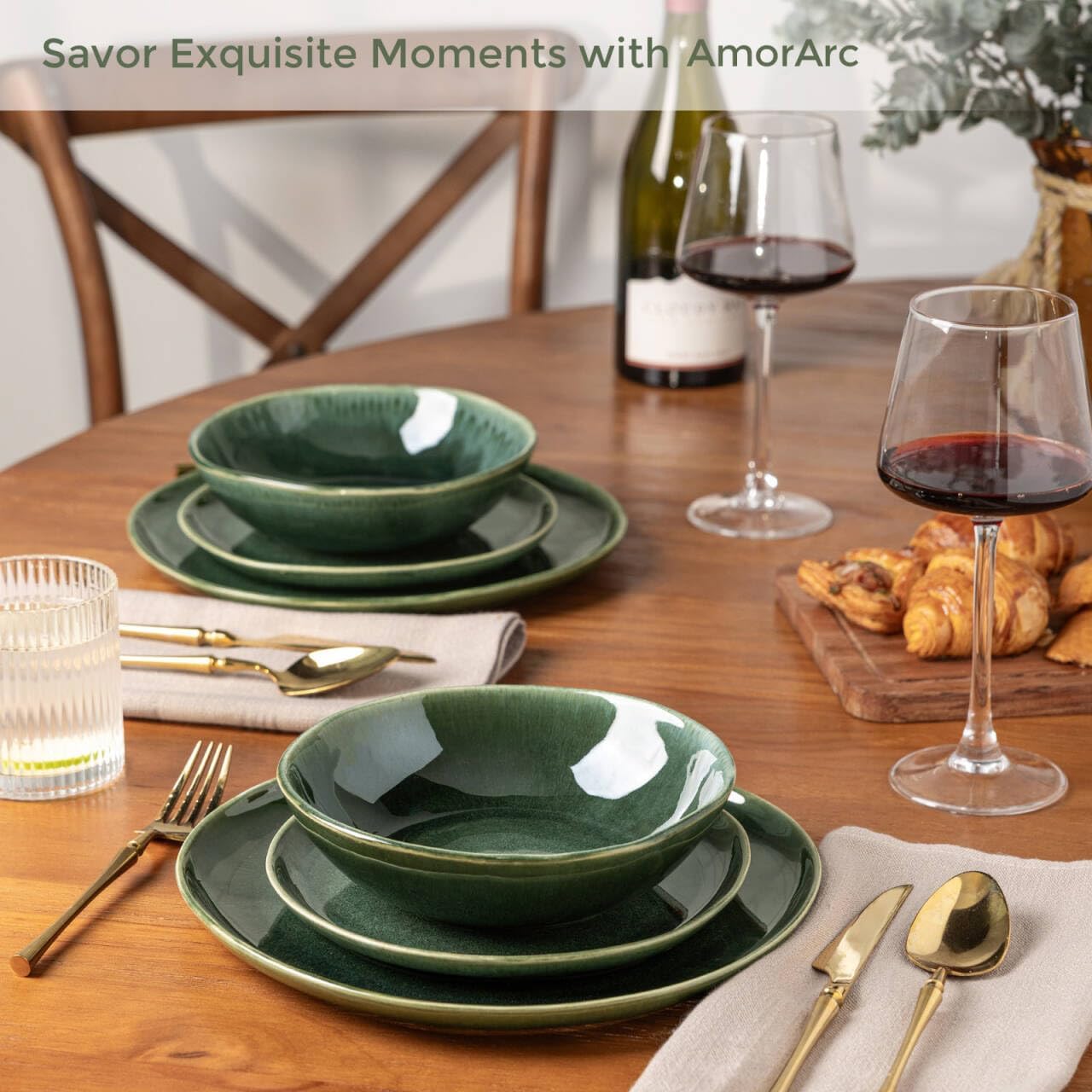 AmorArc Ceramic Dinnerware Sets,Handmade Reactive Glaze Stoneware Plates and Bowls Sets,Highly Scratch Resistant | Dishwasher & Microwave Safe Dishes Set,Service for 4 (12pc)